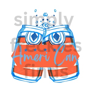 May include: Two blue and white stylized illustrations of aluminum cans with red tops. The cans are labeled "Ameri Can" with three stars above the text. The text "simply" is above the cans and "freckles" is below the cans.