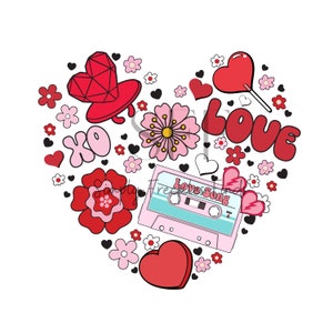 Heart retro mix tape flowers Valentine Valentines Day Love Heart Ready to Press Sublimation Transfer Tshirt Shirt