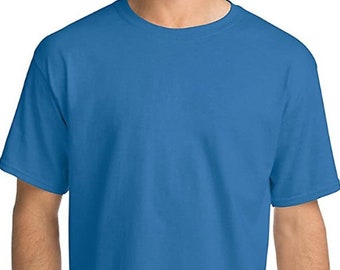 May include: A solid blue short-sleeved t-shirt with a crew neck.