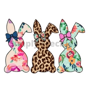 May include: Three Easter bunny cutouts with floral, leopard print, and bow details. The bunnies have a variety of patterns, including pink and red flowers, leopard spots, and a teal floral design. Each bunny has a bow.