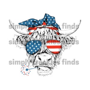 May include: A Highland cow wearing red, white, and blue sunglasses and a bandana with a firework in its mouth.