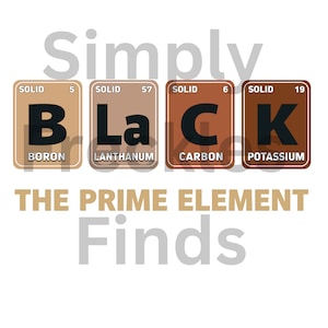 May include: A graphic design with the word "Simply" in gray text above four periodic table elements: Boron (B), Lanthanum (La), Carbon (C), and Potassium (K). The elements are arranged to spell the word "Black". Below the elements is the text "THE PRIME ELEMENT" in brown text and "Finds" in gray text.