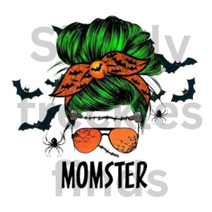 May include: A green messy bun hairstyle with a black and orange bandana with bats. The hairstyle has orange spiderweb sunglasses and stitches on the side. The text "MOMSTER" is below the hairstyle.