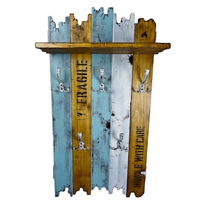 SHaBBy CHiC ViNTaGe wooden coat rack with metal hooks in blue white brown cargo box real wood solid wood coat rack wardrobe used look with shelf image 1