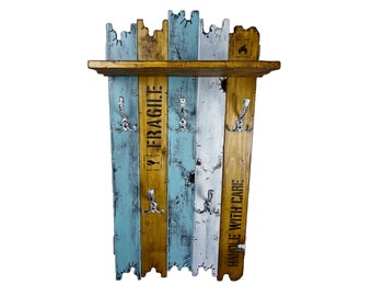 SHaBBy CHiC ViNTaGe Holz Garderobe mit Metallhaken in blau weiß braun Frachtkiste Echtholz Massivholz Gaderobe Gardobe Used Look mit Ablage