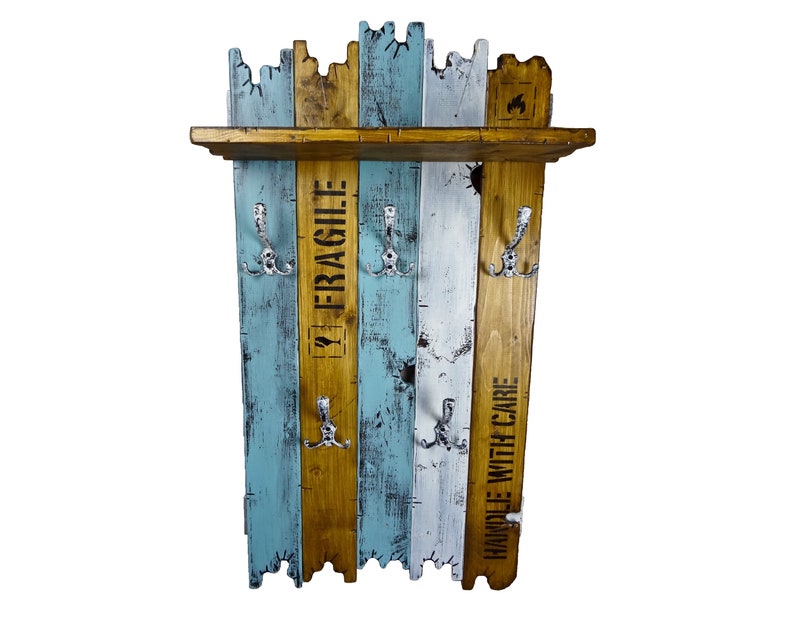 SHaBBy CHiC ViNTaGe wooden coat rack with metal hooks in blue white brown cargo box real wood solid wood coat rack wardrobe used look with shelf image 1