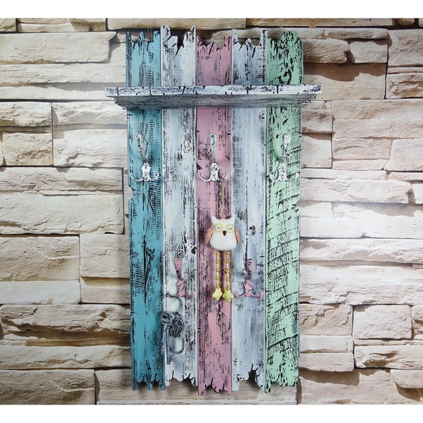 SHaBBy CHiC ViNTaGe Holz Garderobe mit Metallhaken in rosa blau weiß upcycling Echtholz Massivholz Gaderobe Gardobe Used Look mit Ablage