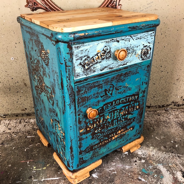 Armoire table de chevet en bois véritable upcycling shabby chic vintage armoire armoire commode bleu turquoise orange paris armoire française