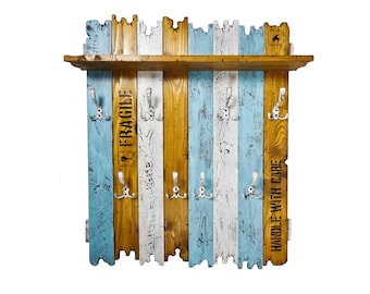 SHaBBy CHiC ViNTaGe wooden coat rack with metal hooks in blue white brown cargo box real wood solid wood coat rack wardrobe used look with shelf