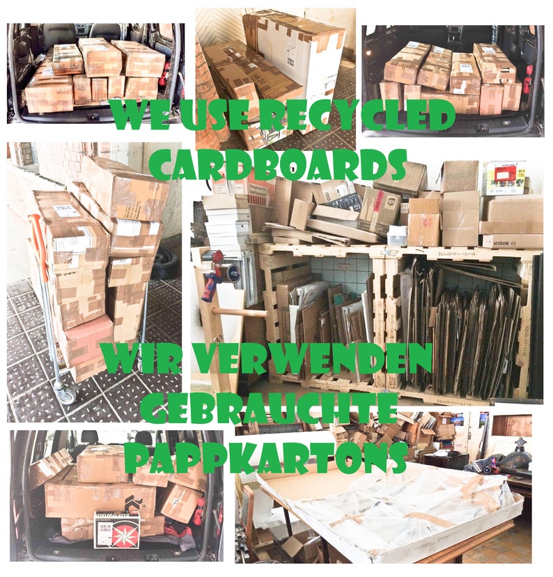 May include: A collage of images showing stacks of cardboard boxes. The text "WE USE RECYCLED CARDBOARDS" and "WIR VERWENDEN GEBRAUCHTE PAPPKARTONS" is visible in the image.