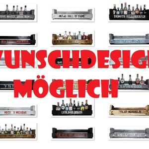 May include: A collage of 20 wooden crates with various sayings and designs. The crates are filled with miniature liquor bottles. The text at the bottom of the image reads "WUNSCHDESIGN M&Ouml;GLICH".