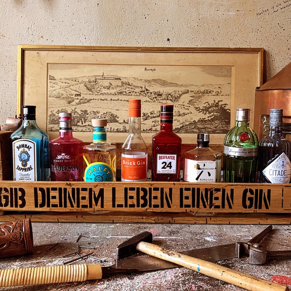 GiN TRiNKSPRuCH Barelement Flaschen Halter Regal Schnaps Whisky Rum Wein Paletten Whiskey Wand Bar Holz Cocktail Tonic Alkohol 30 40 50 60