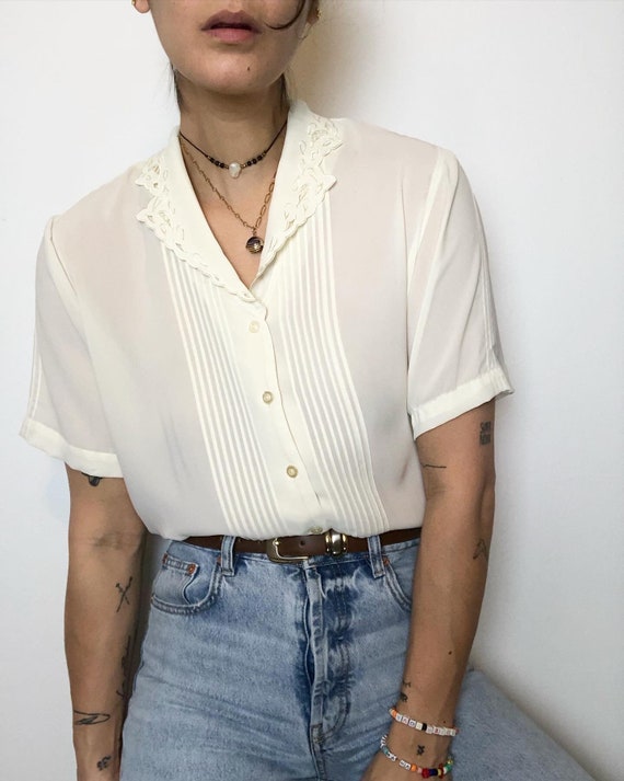 Vintage embroidered semi sheer poly blouse