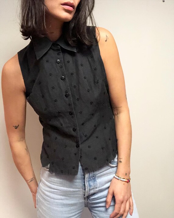 Vintage silk & linen beaded tank