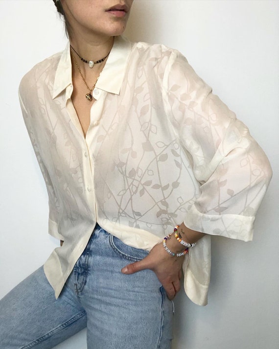 Vintage 100% silk burnout printed semi sheer blous