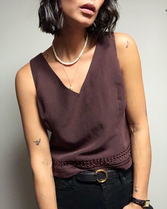 Vintage silk & linen beaded burgundy tank