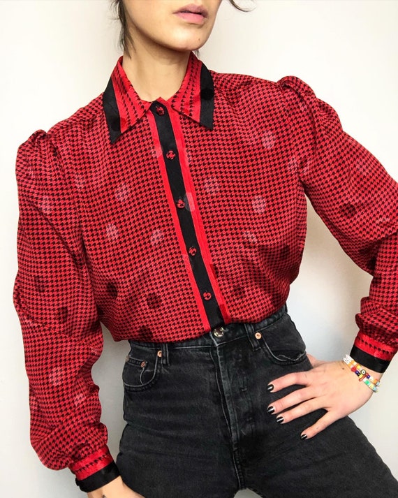 Vintage puff sleeve printed poly blouse