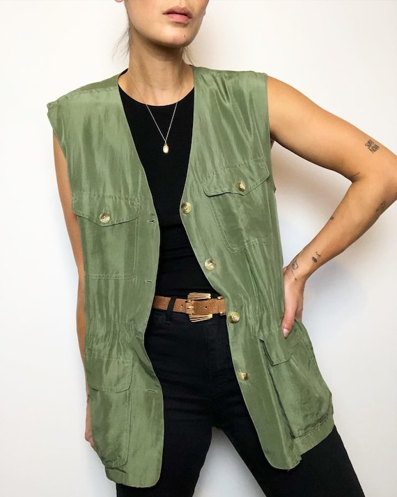 Vintage 100% silk matcha safari vest