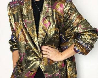 Vintage oro foglio morbido drappeggiato stampato blazer stampato