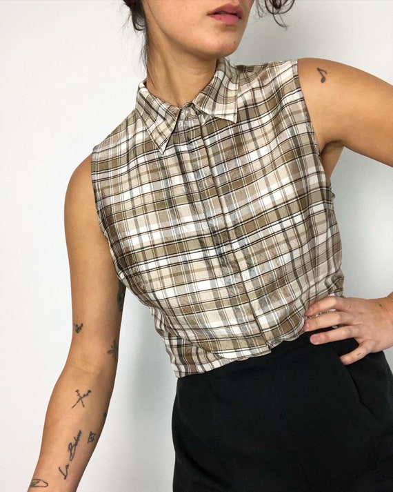 Vintage 100% silk plaid tank