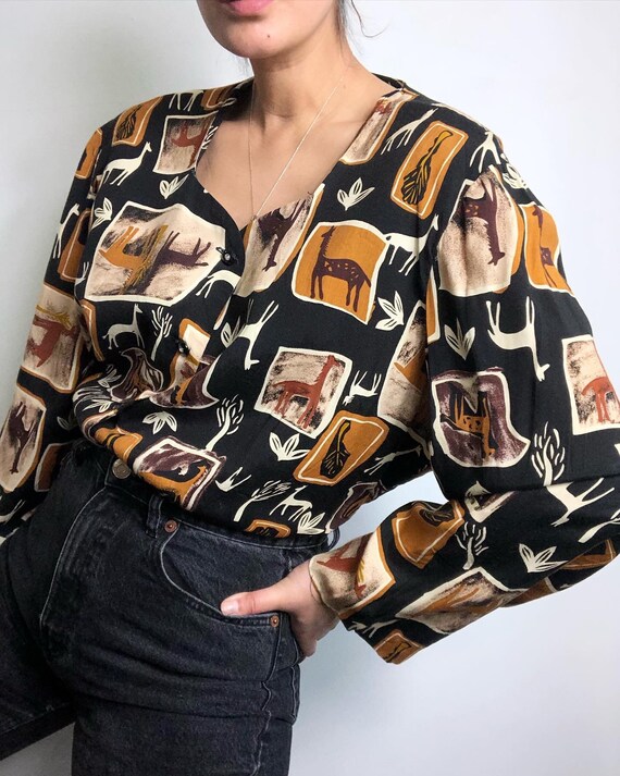 M-XL Rayon Llama Print Blouse Black 