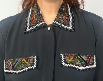 S-L | Poly beaded jeweled blouse | Black | Vintage