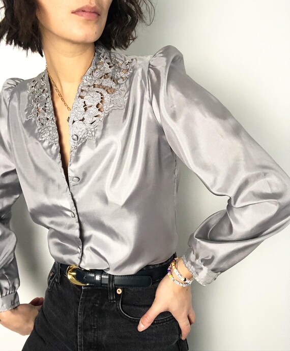Vintage puff sleeve lace effect silver blouse