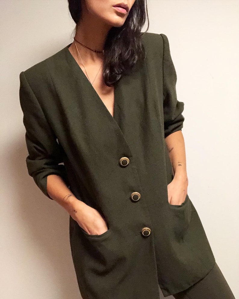 Vintage 100/% wool olive collarless blazer