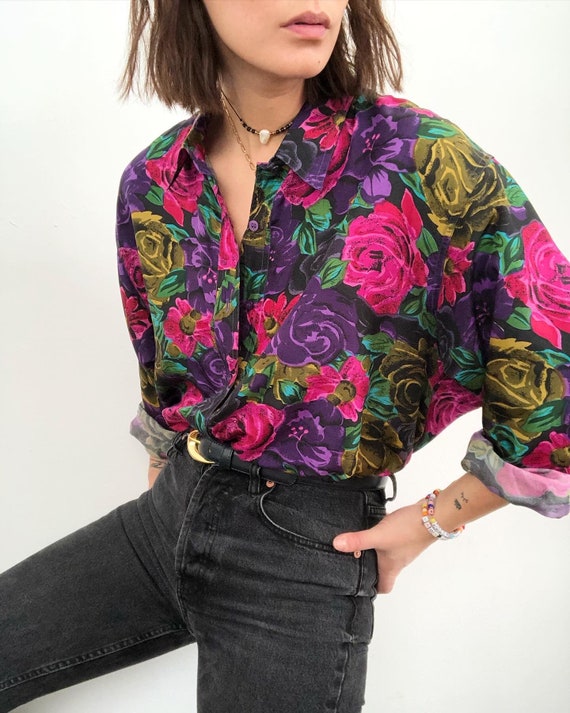 Vintage 100% silk paper thin floral blouse