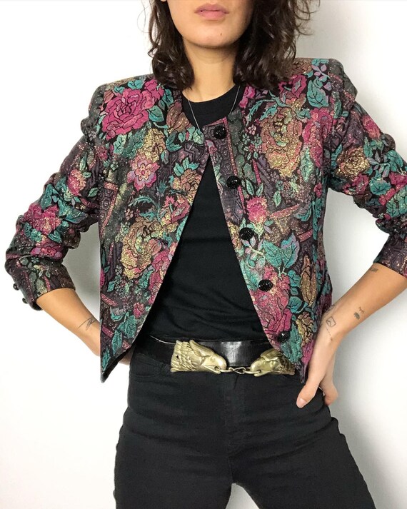 Vintage lurex gold floral printed cropped blazer