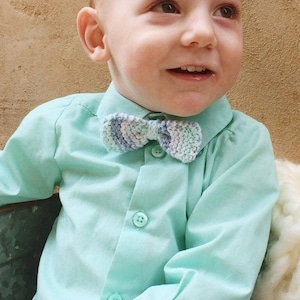 May include: A light mint green long-sleeved button-down shirt featuring a small, textured, multi-colored knit bow tie in shades of blue, white, and grey. The shirt has a classic collar and matching mint green buttons down the front placket.