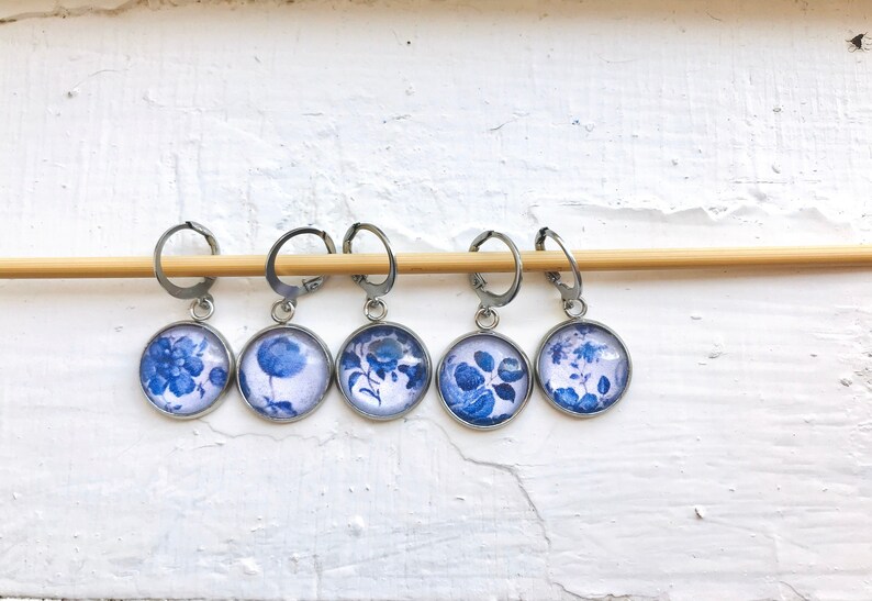 Knit and Crochet Stitch Markers, Delft Floral, Circular Clasp, S Knit and Crochet Stitch Markers, Delft Floral, Circular Clasp, S
