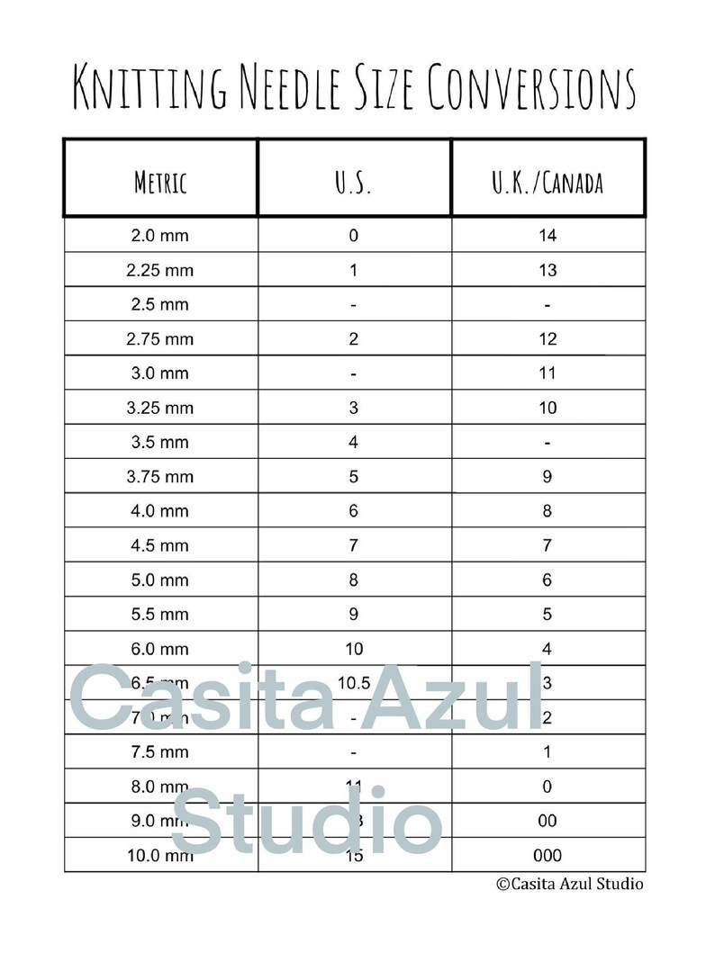 Knitting Needle Conversion Chart Knitting Accessories Etsy