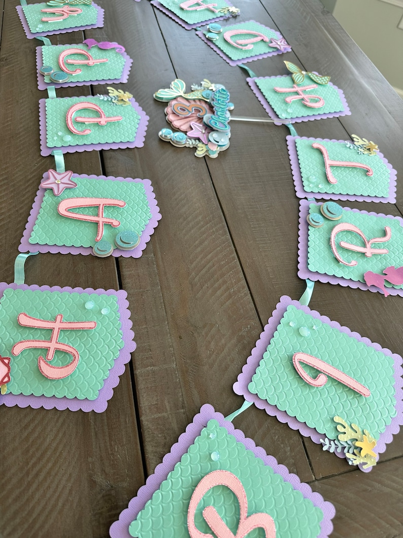 Puede incluir: Una pancarta de cumplea&ntilde;os con tem&aacute;tica de sirena con las letras "Happy Birthday" en rosa sobre un fondo verde y morado. Las letras est&aacute;n decoradas con purpurina y lentejuelas.