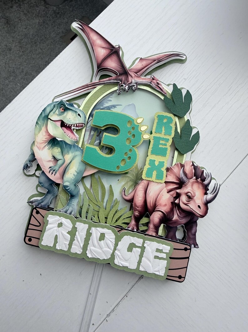 Adorno para pastel de dinosaurio: Decoración personalizada para fiesta de cumpleaños de 3-Rex Dinosaurs