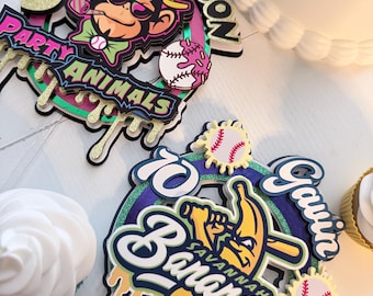Adorno para pastel de cumpleaños de béisbol con goteo: animal de fiesta de cartulina personalizada, plátanos, cocos,