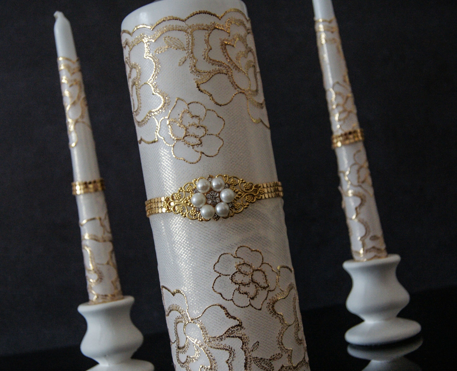 Gold Unity Candle Set Wedding Unity Candle Set Lace Unity Etsy