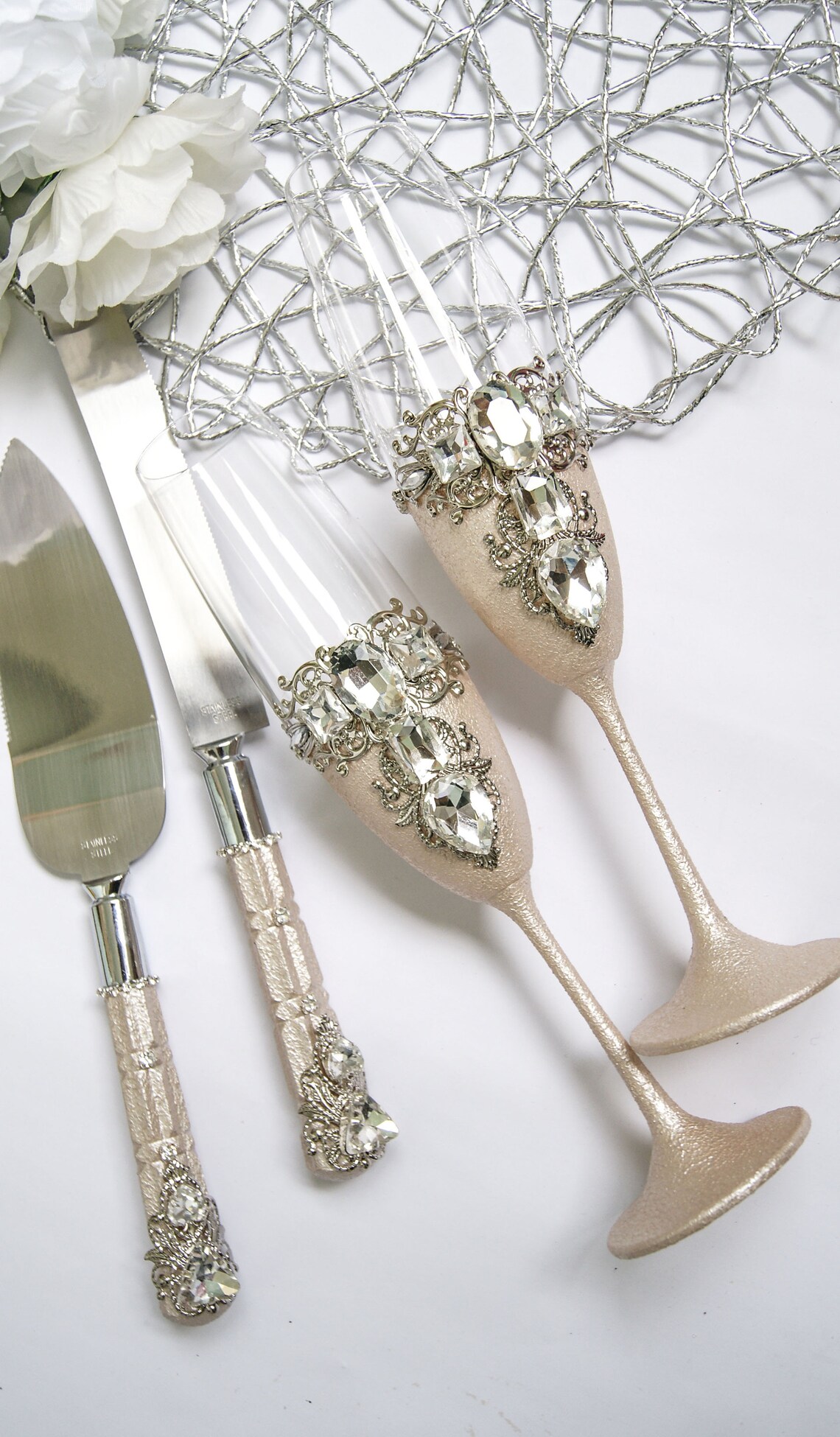 Wedding champagne flute and cake server set crystal Wedding Etsy