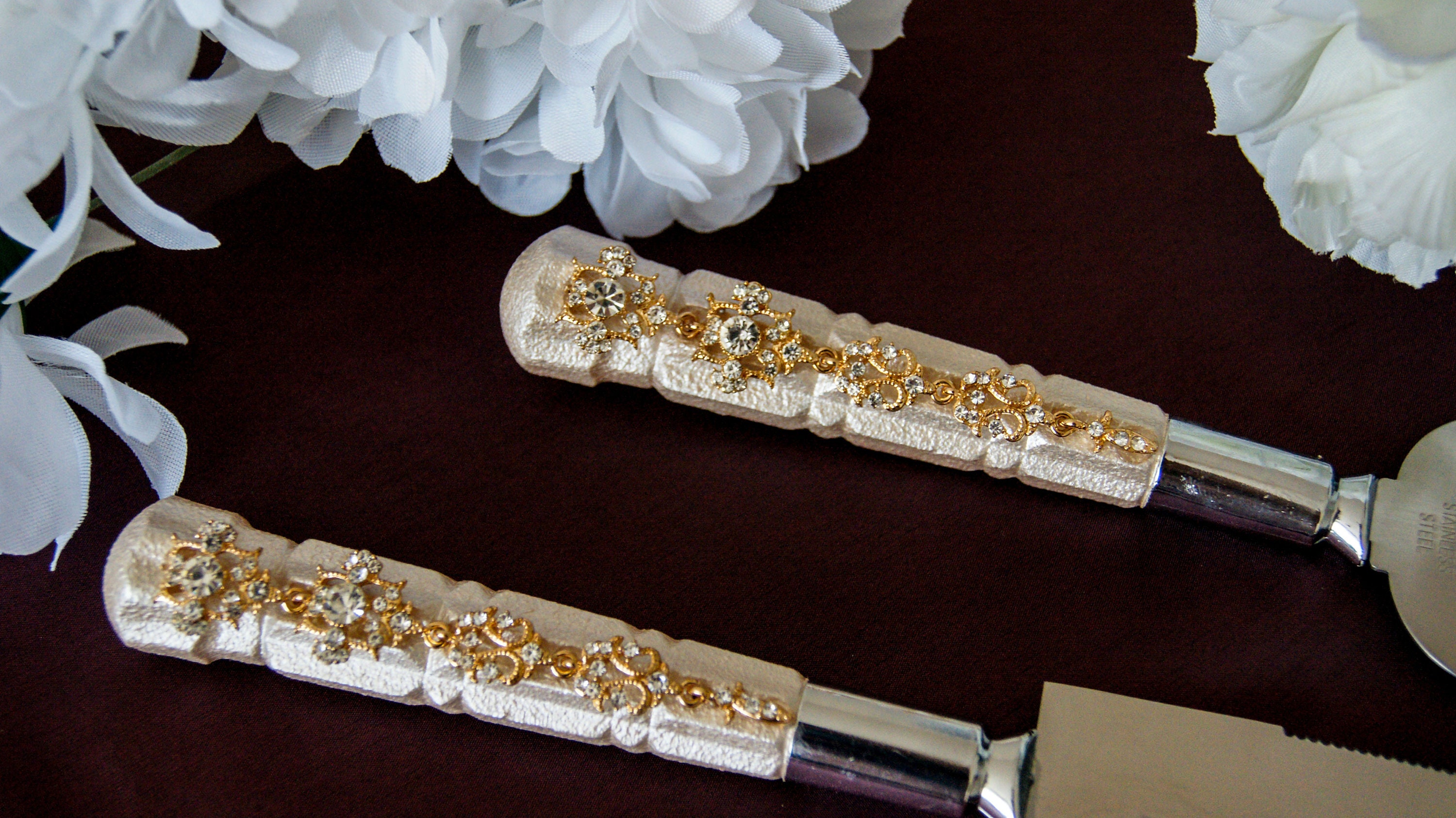 Ivory and gold cake cutting set Crystal cake serving set Etsy