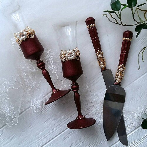 Gold Wedding Glasses and Cake Server Set Bride and Groom Etsy