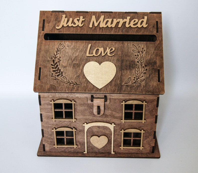 Wooden Money Box House Just Married for Wedding Engraved Post Etsy