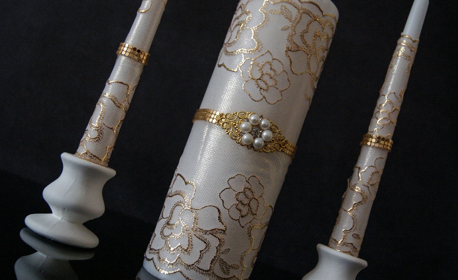 Gold Unity Candle Set Wedding Unity Candle Set Lace Unity Etsy