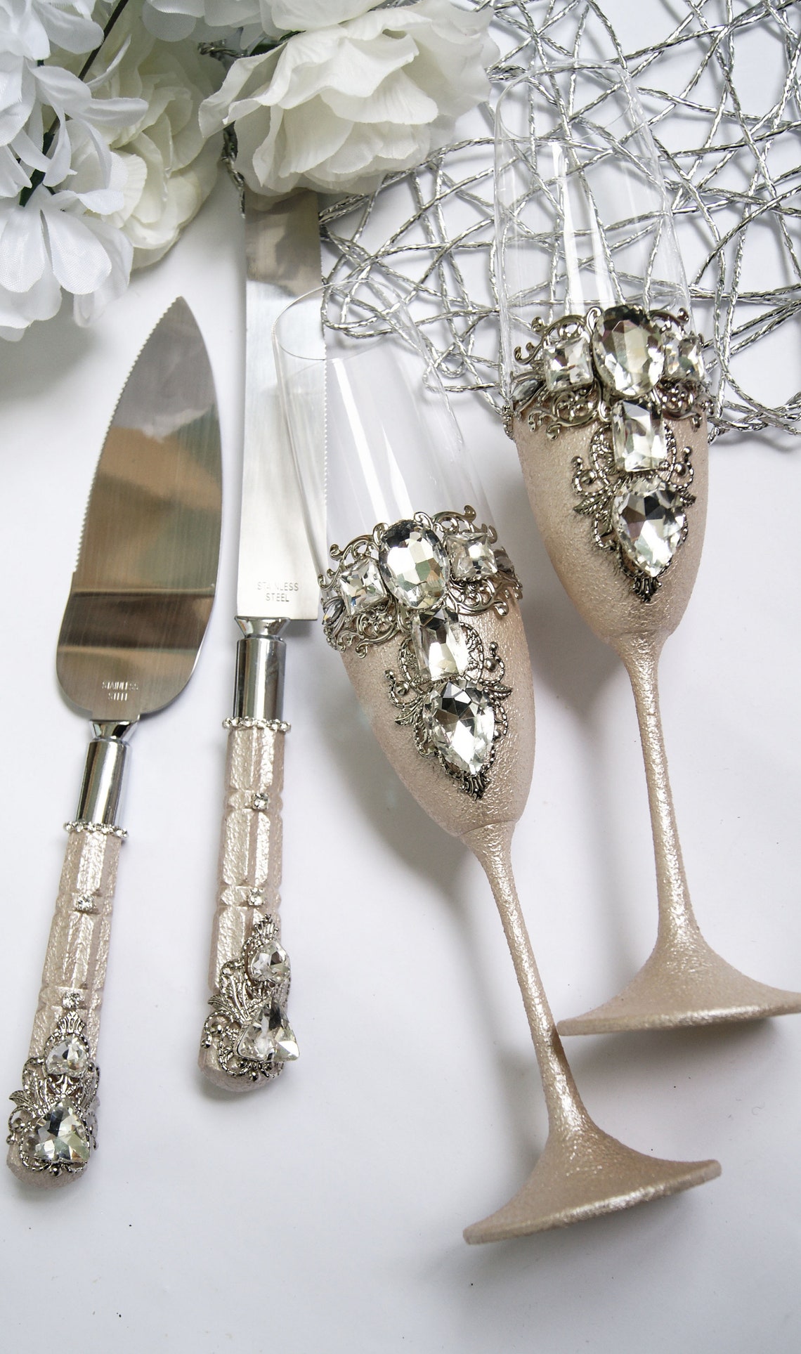 Wedding champagne flute and cake server set crystal Wedding Etsy