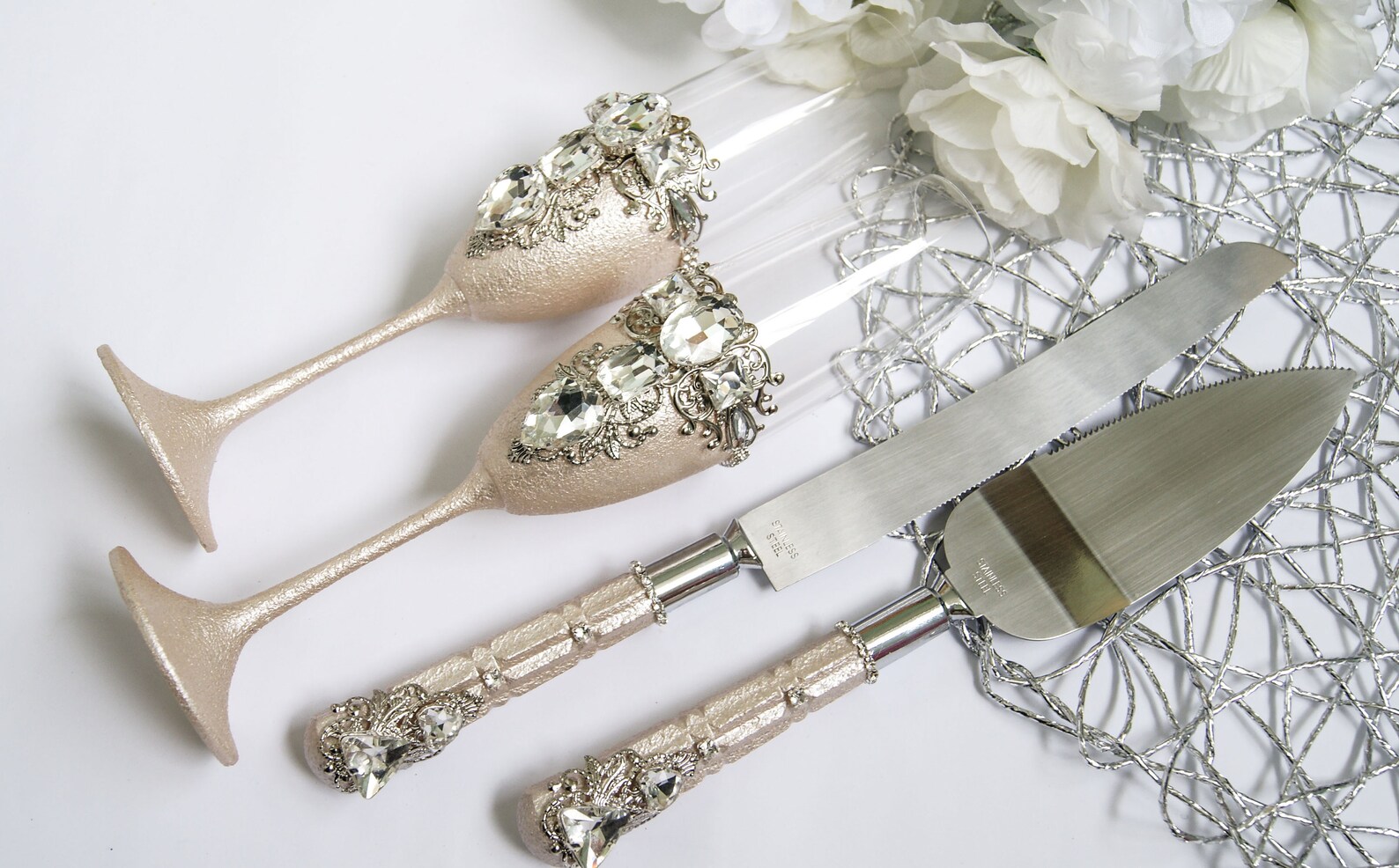 Wedding champagne flute and cake server set crystal Wedding Etsy