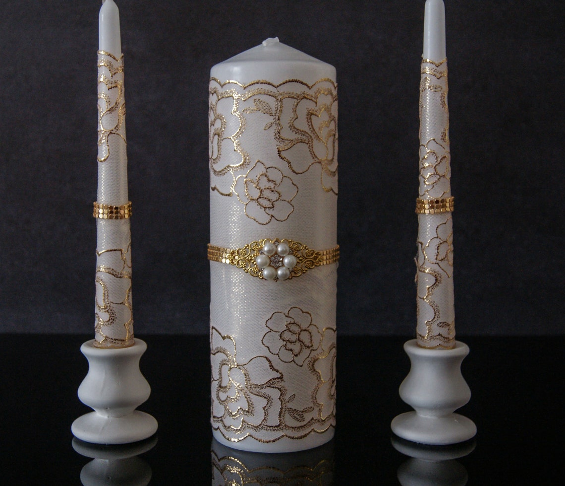 Gold Unity Candle Set Wedding Unity Candle Set Lace Unity Etsy