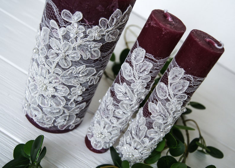 Burgundy Unity Candle Set Lace Wedding Unity Candle Set Pearl Etsy