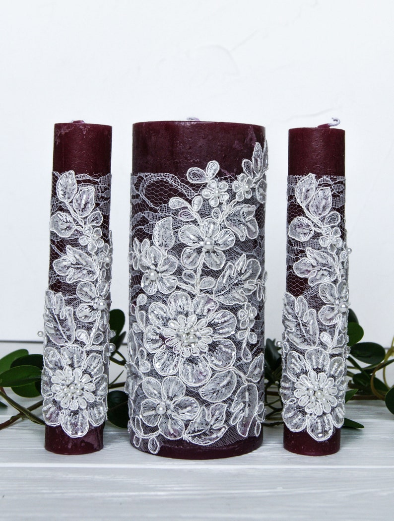 Burgundy unity candle set Lace wedding unity candle set Pearl Etsy