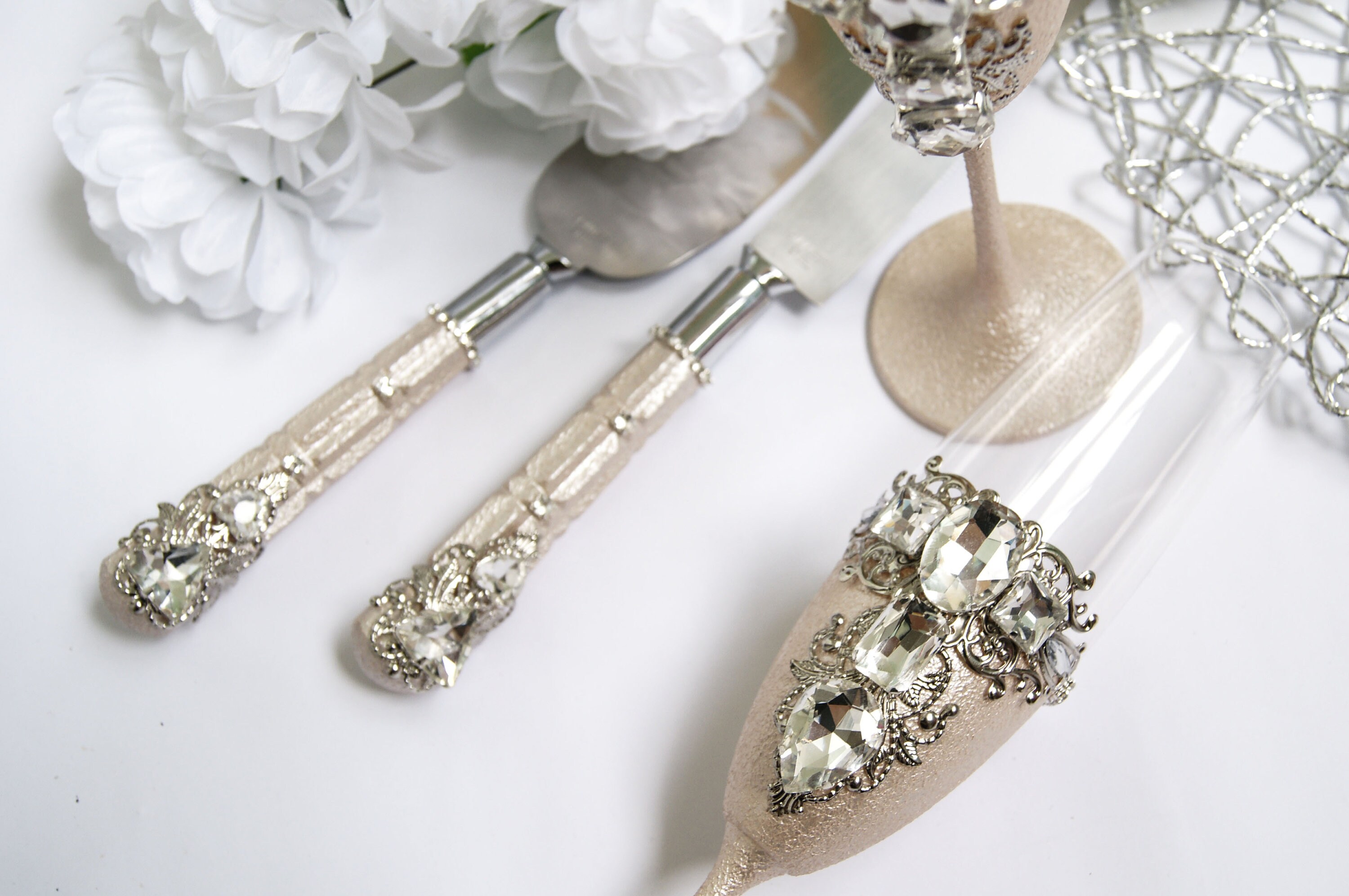 Wedding champagne flute and cake server set crystal Wedding Etsy