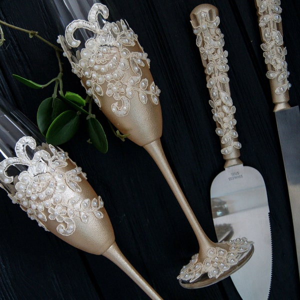 Champagne Flutes and Cake Cutter Set Etsy