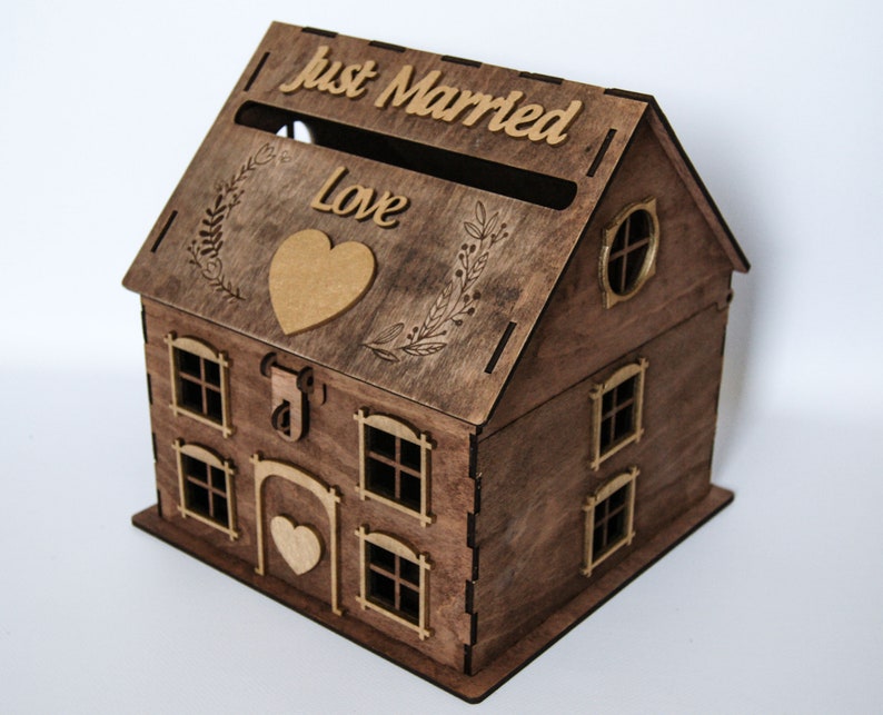 Wooden Money Box House Just Married for Wedding Engraved Post Etsy
